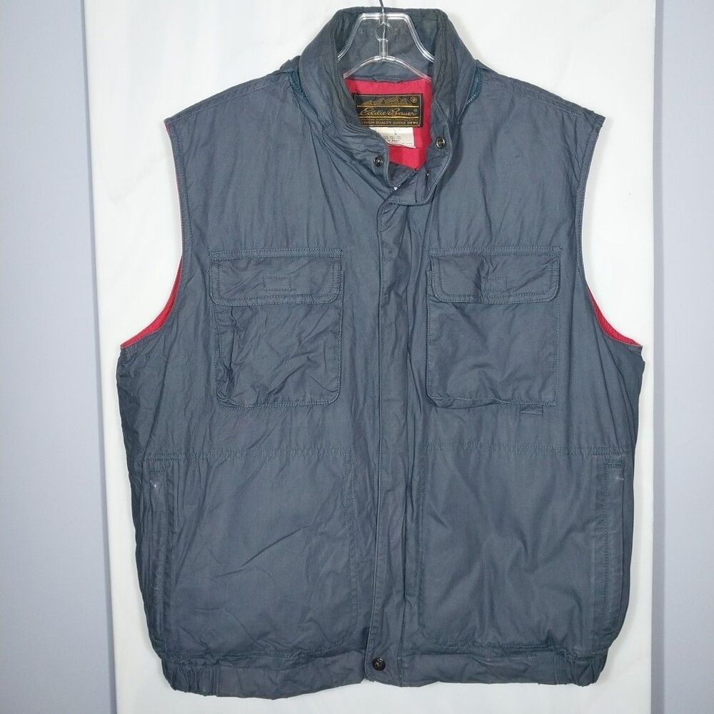 Vintage Eddie Bauer Goose Down Vest Mens L Gray Hooded Distressed Workwear